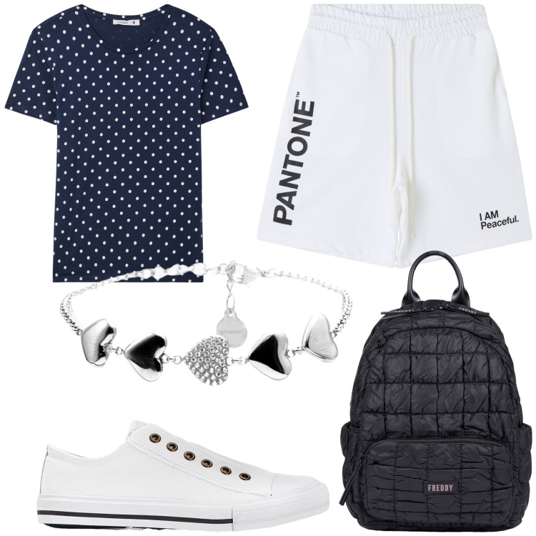 Outfit donna - Passeggiata cuori e pois. Stile Basic per Tutti i giorni. Abbinamento con sneakers, bermuda, t-shirt, zaini, braccialetti.