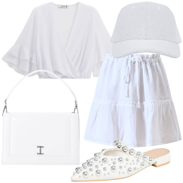 Outfit donna - Oggi vado in bianco. Stile Trendy per Tutti i giorni. Abbinamento con ballerine, cappelli con visiera, gonne, top, borse a tracolla.