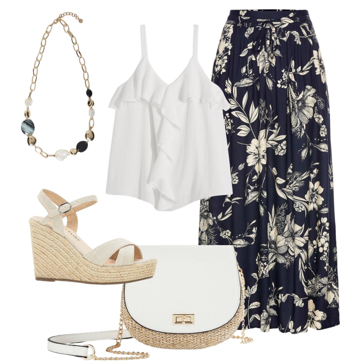 Outfit donna - Giornata dal mood romantico. Stile Romantica per Tutti i giorni. Abbinamento con gonne lunghe, top, sandali, borse a tracolla, collane.