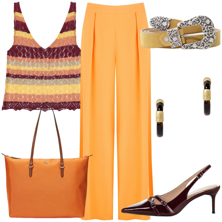 Outfit donna - Total look #2213391. Stile Casual chic per Serata fuori. Abbinamento con décolleté, pantaloni, top, cinture, borse tote, orecchini.