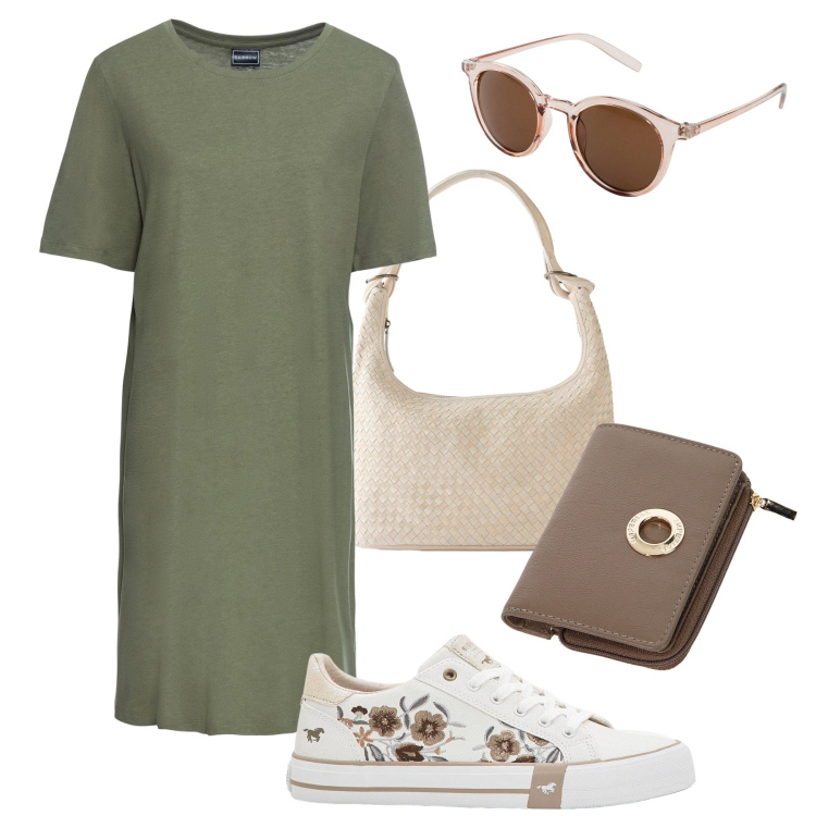 Outfit donna - Vado di fretta: essenziale e comoda. Stile Basic per Tutti i giorni. Abbinamento con vestiti, occhiali da sole, shopping bag, sneakers, portafogli.