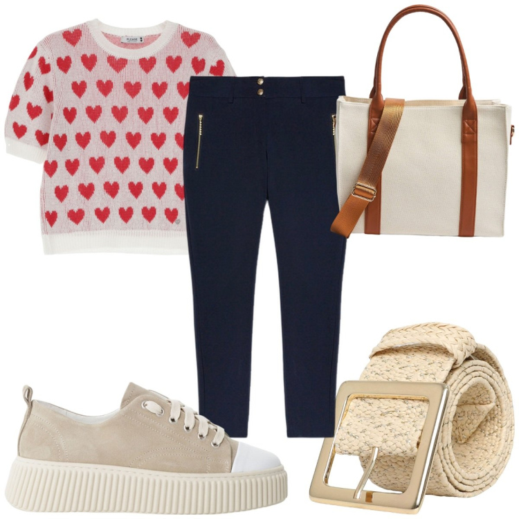 Outfit donna - Total look #2213395. Stile Trendy per Tutti i giorni. Abbinamento con cinture, shopping bag, maglieria, sneakers, pantaloni skinny.