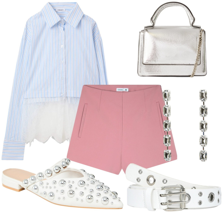 Outfit donna - Spiaggia e disco. Stile Casual chic per Serata fuori. Abbinamento con shorts, camicie, ballerine, cinture, borse a tracolla, orecchini.