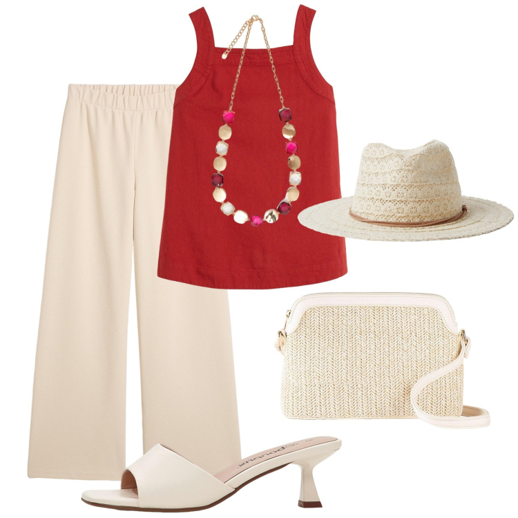 Outfit donna - Aperitivo caprese. Stile Casual chic per Tutti i giorni. Abbinamento con bluse, borse a tracolla, pantaloni, ciabatte, cappelli, collane.