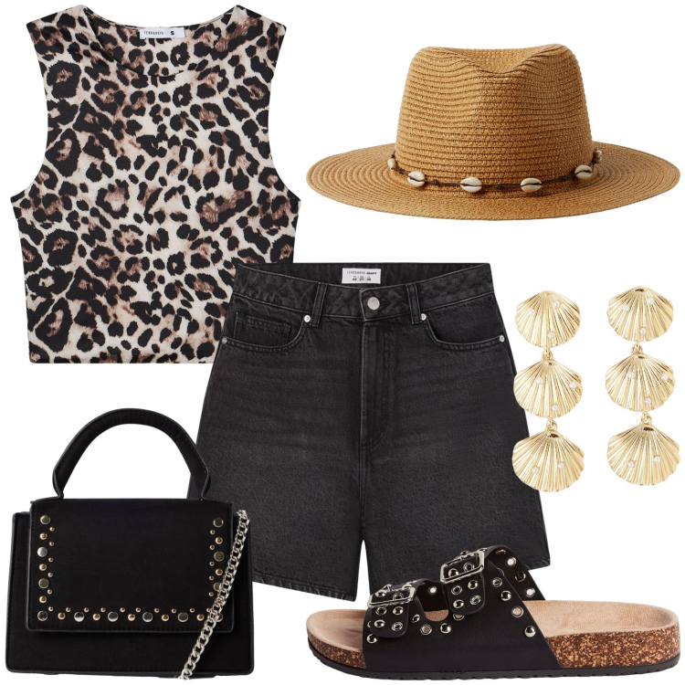 Outfit donna - Spiaggia e disco 2. Stile Casual per Mare. Abbinamento con top, bermuda, orecchini, borse a tracolla, cappelli, ciabatte.