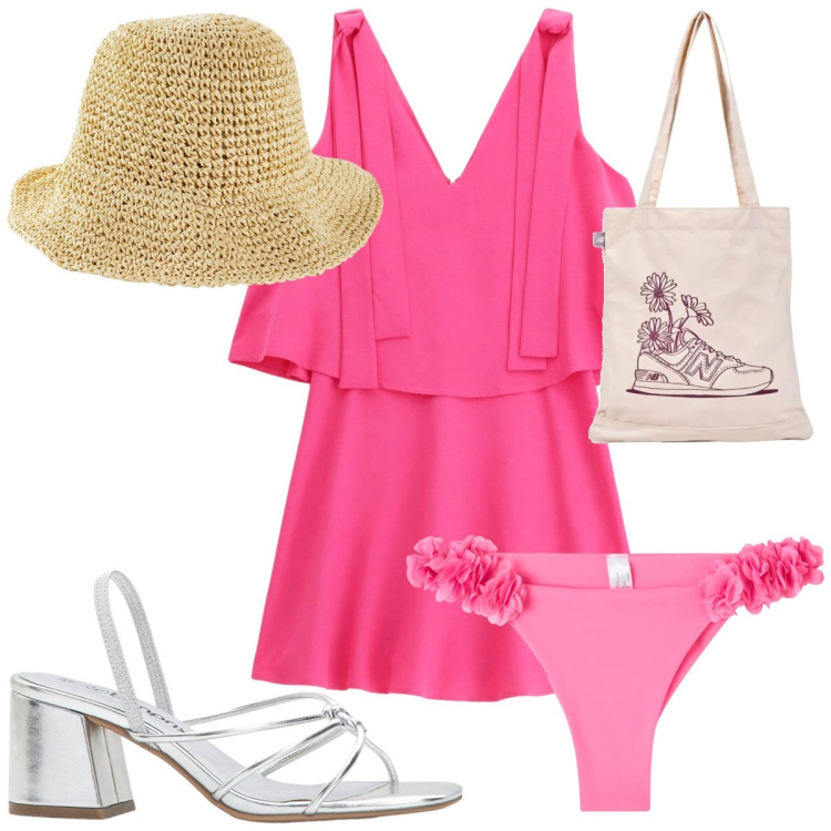 Outfit donna - Total look #2213404. Stile Trendy per Mare. Abbinamento con cappelli, sandali col tacco, bikini, shopping bag, vestiti corti.