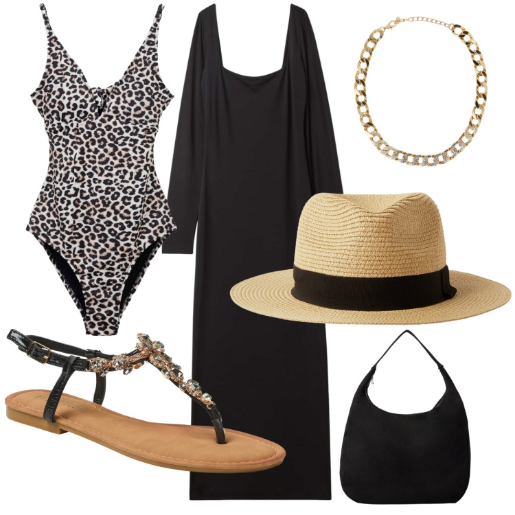Outfit donna - Total look #2213406. Stile Chic per Mare. Abbinamento con borse a mano, collane, vestiti lunghi, costumi interi, sandali gioiello, cappelli.