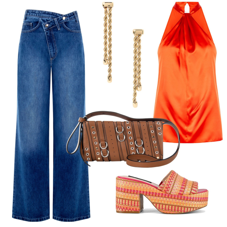 Outfit donna - Arancio e jeans. Stile 70s per Tutti i giorni. Abbinamento con borse a spalla, jeans, top, orecchini, zeppe.