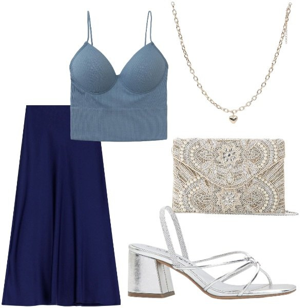 Outfit donna - Compleanno in villa. Stile Glamour per Serata fuori. Abbinamento con pochette, sandali col tacco, collane, top, gonne lunghe.