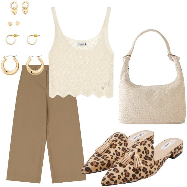 Outfit donna - Outifit di luglio. Stile Casual per Tutti i giorni. Abbinamento con shopping bag, orecchini, sabot, top, pantaloni.
