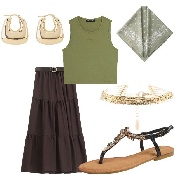 Outfit donna - Serata tra amici. Stile Casual per Tutti i giorni. Abbinamento con orecchini, sandali gioiello, gonne lunghe, top, braccialetti, foulard.