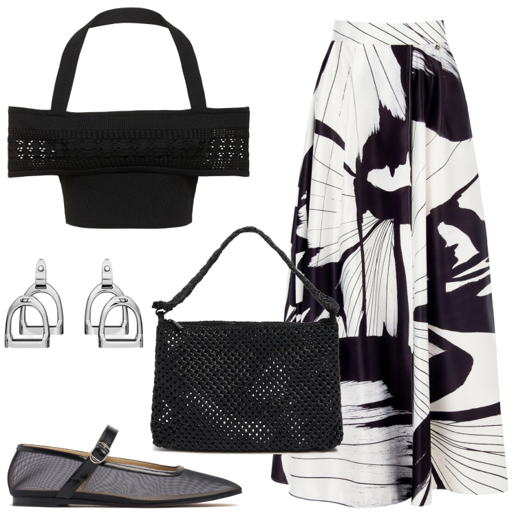 Outfit donna - Agosto con stile. Stile Glamour per Serata fuori. Abbinamento con gonne lunghe, orecchini, borse a spalla, top, ballerine.