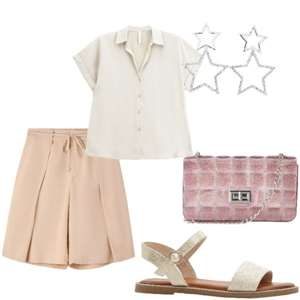 Outfit donna - Le serate di Luglio. Stile Casual chic per Serata fuori. Abbinamento con sandali, orecchini, borse a tracolla, pantaloni corti, camicie a manica corta.