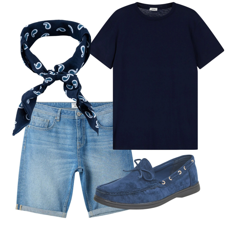 Outfit uomo - Luglio blu. Stile Casual per Tutti i giorni. Abbinamento con scarpe stringate, bermuda, t-shirt, sciarpe e foulard.
