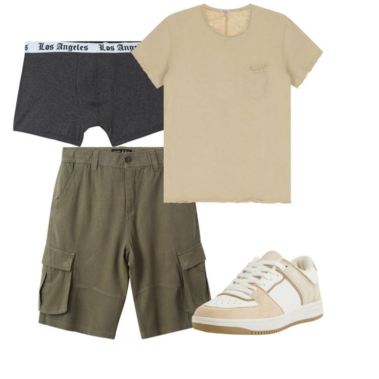 Outfit uomo - Luglio. Stile Casual per Tutti i giorni. Abbinamento con sneakers, boxer, bermuda, t-shirt.
