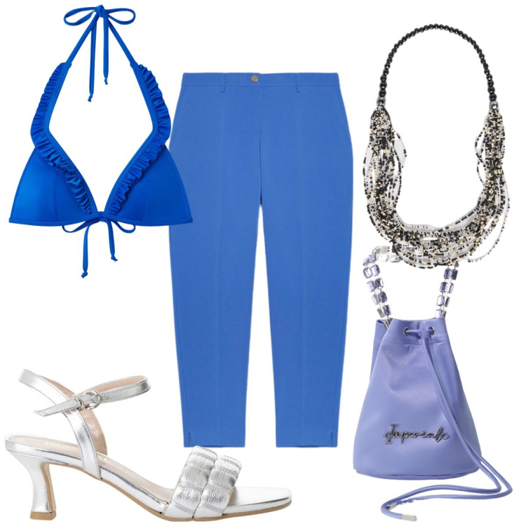 Outfit donna - Total look #2213435. Stile Trendy per Mare. Abbinamento con bikini, sandali col tacco, borse a secchiello, pantaloni chino, collane.