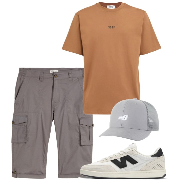 Outfit uomo - Luglio. Stile Casual per Tutti i giorni. Abbinamento con bermuda, sneakers, cappelli con visiera, t-shirt.