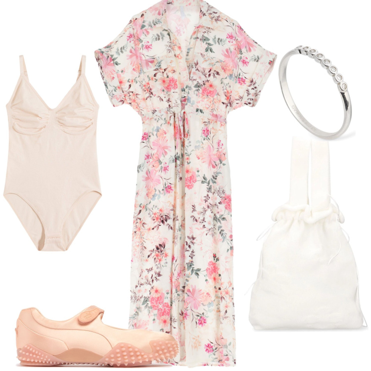 Outfit donna - L abito a fiori passepartout. Stile Basic per Tutti i giorni. Abbinamento con body, vestiti midi/longuette, ballerine, borse a mano, anelli.