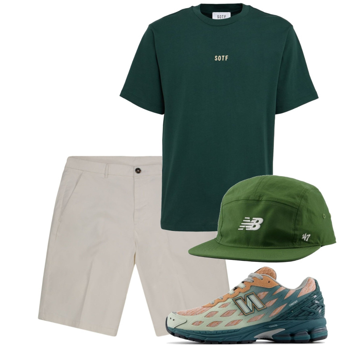 Outfit uomo - Smeraldo. Stile Casual per Tutti i giorni. Abbinamento con sneakers, cappelli con visiera, bermuda, t-shirt.