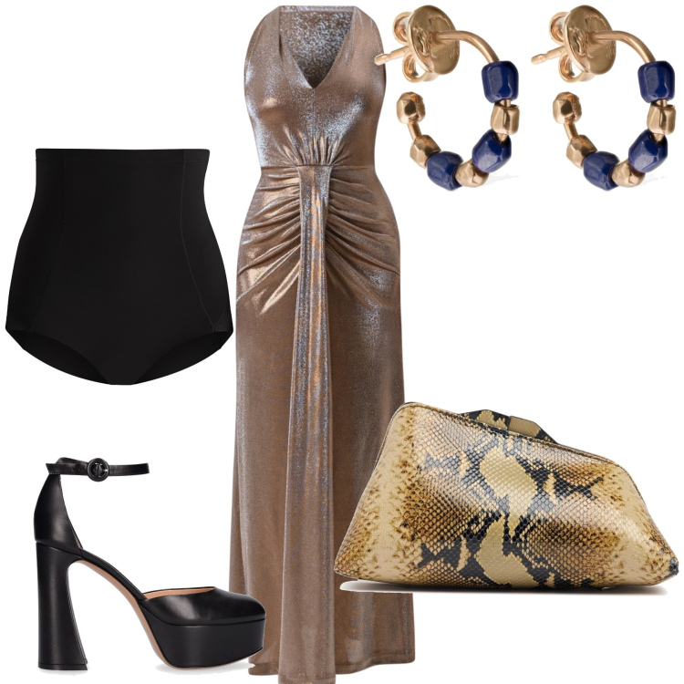 Outfit donna - Metallica. Stile Glamour per Serata fuori. Abbinamento con vestiti lunghi, culotte, orecchini, pochette, décolleté.