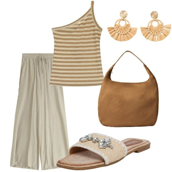 Outfit donna - Outifit di luglio. Stile Casual per Tutti i giorni. Abbinamento con orecchini, ciabatte, borse a mano, pantaloni, top.