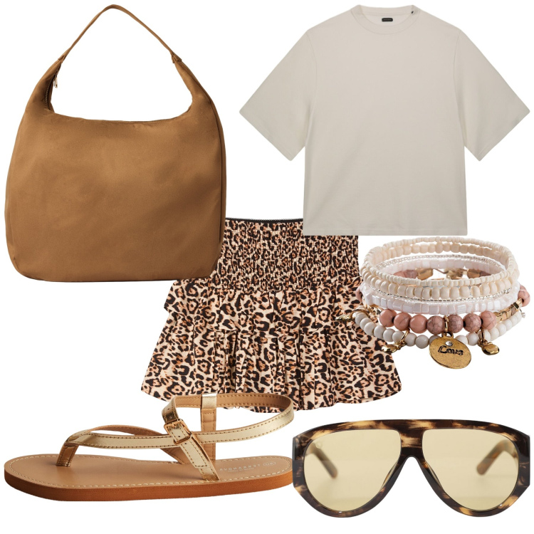 Outfit donna - Total look. Stile Preppy per Tutti i giorni. Abbinamento con braccialetti, minigonne, borse a mano, ciabatte, occhiali da sole, t-shirt.