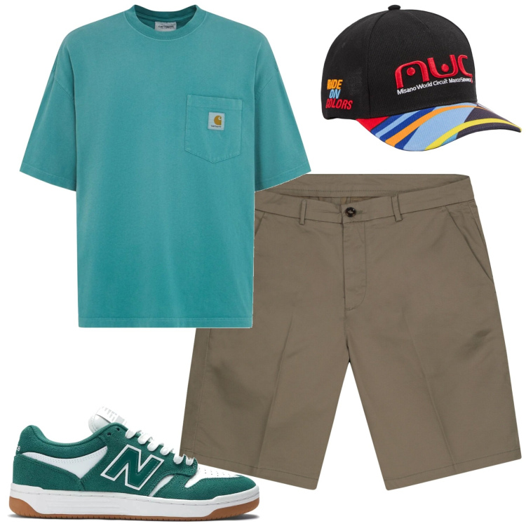 Outfit uomo - Luglio. Stile Casual per Tutti i giorni. Abbinamento con cappelli, sneakers, bermuda, t-shirt.
