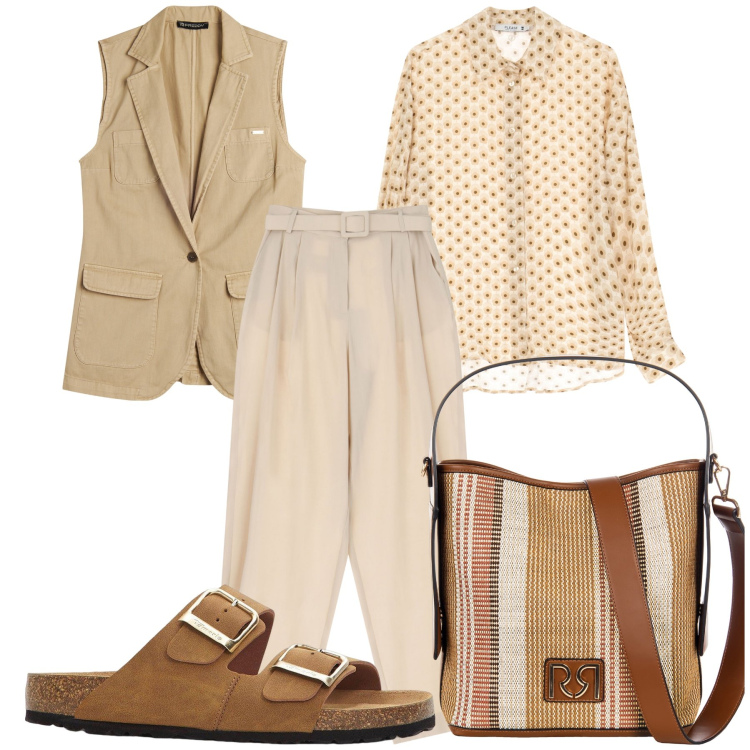 Outfit donna - Ufficio gilet e ciabatte. Stile Urban per Tutti i giorni. Abbinamento con ciabatte, borse a secchiello, camicie, pantaloni, gilet.