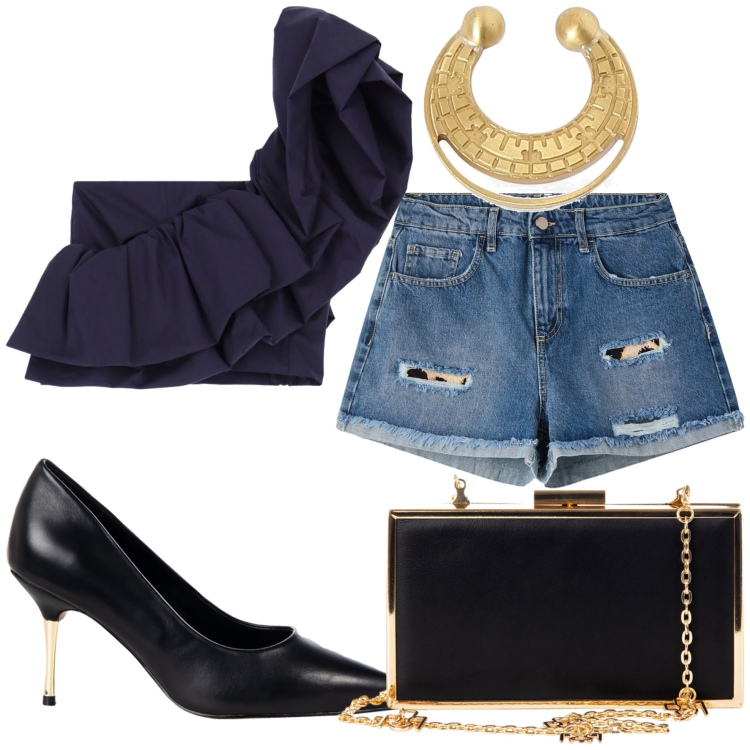 Outfit donna - Discoteca super glam. Stile Sexy per Serata fuori. Abbinamento con shorts, décolleté, pochette, top, orecchini.