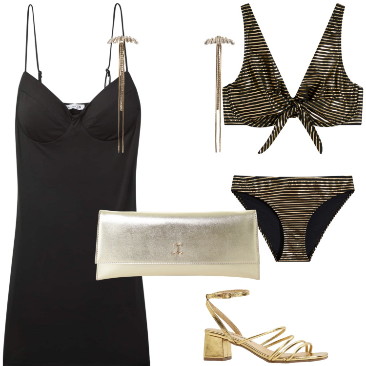 Outfit donna - Discoteca in spiaggia. Stile Glamour per Mare. Abbinamento con bikini, sandali col tacco, vestiti corti, orecchini, pochette.