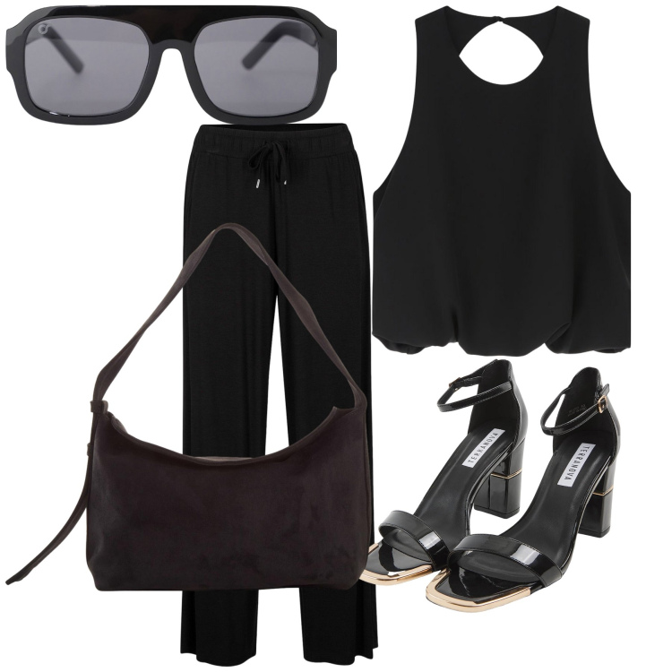 Outfit donna - Ultimo giorno di ufficio. Stile Urban per Ufficio. Abbinamento con pantaloni, borse a mano, sabot, top, occhiali da sole.