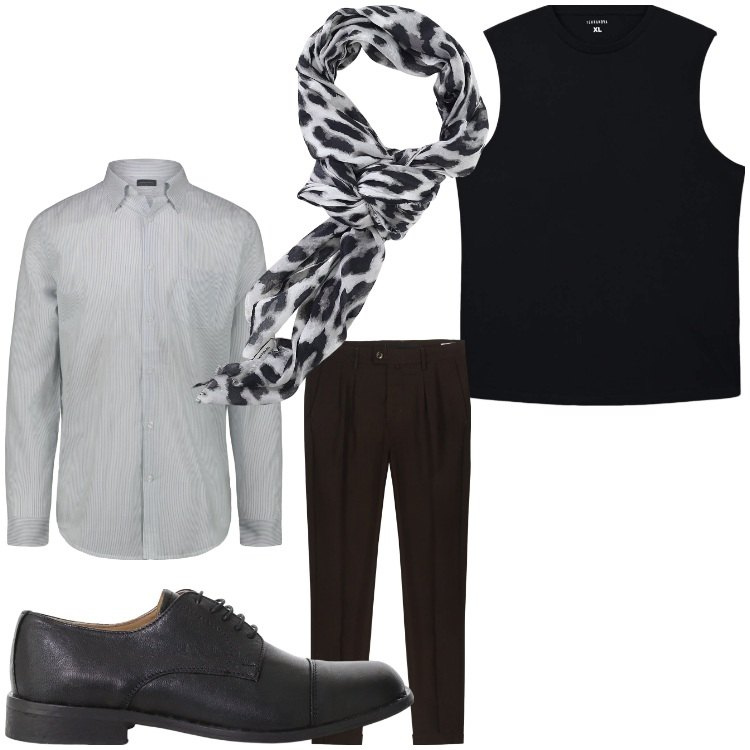 Outfit uomo - Alternativo. Stile Business/Elegante per Serata speciale. Abbinamento con canottiere, scarpe stringate, sciarpe e foulard, pantaloni, camicie.