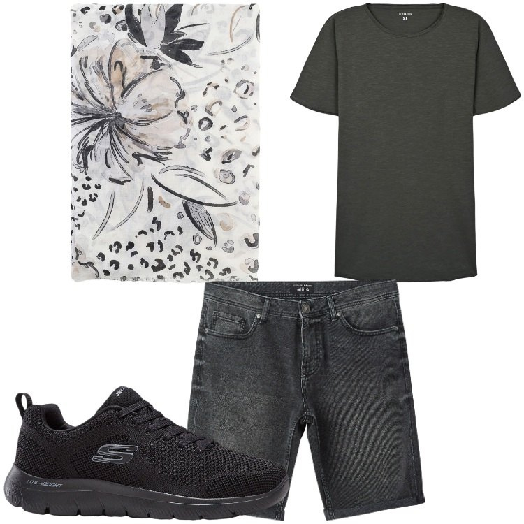 Outfit uomo - Disegni. Stile Casual per Tutti i giorni. Abbinamento con sneakers, bermuda, t-shirt, sciarpe e foulard.