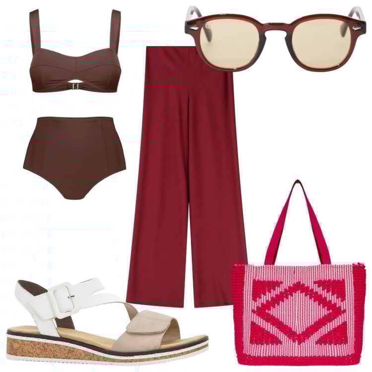 Outfit donna - Total look #2213504. Stile Etnico per Mare. Abbinamento con sandali, occhiali da sole, pantaloni, bikini, borse a mano.