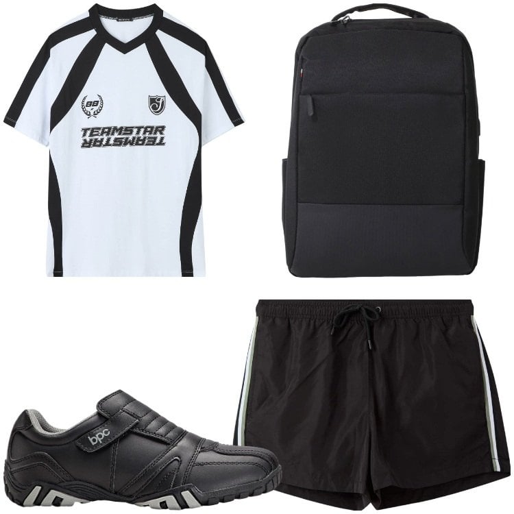 Outfit uomo - calcetto. Stile Casual per Sport. Abbinamento con scarpe stringate, t-shirt sportive, pantaloncini sportivi, borse sportive.