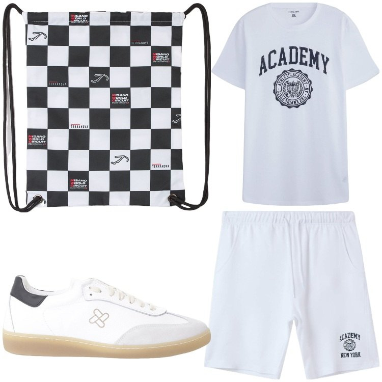 Outfit uomo - Bandiera a scacchi. Stile Casual per Sport. Abbinamento con borse sportive, t-shirt sportive, pantaloncini sportivi, sneakers.