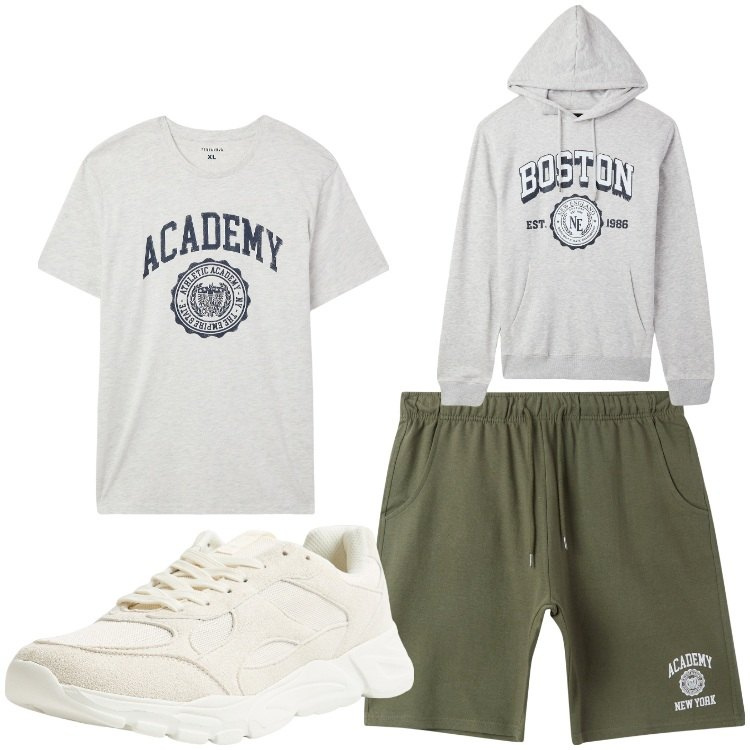 Outfit uomo - In montagna. Stile Casual per Sport. Abbinamento con felpe sportive, pantaloncini sportivi, t-shirt sportive, sneakers.
