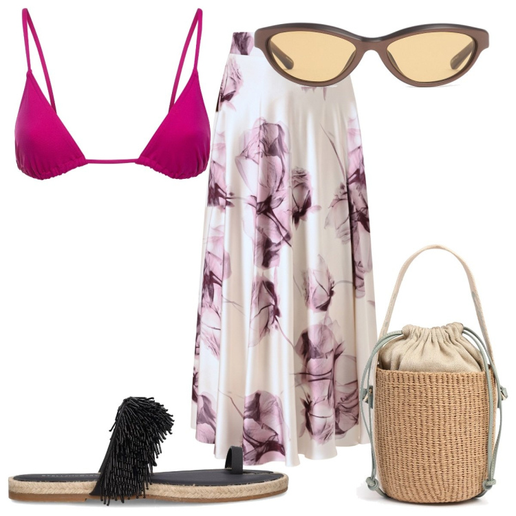 Outfit donna - Total look #2213516. Stile Trendy per Mare. Abbinamento con gonne lunghe, occhiali da sole, borse a secchiello, sandali in pelle, bikini.