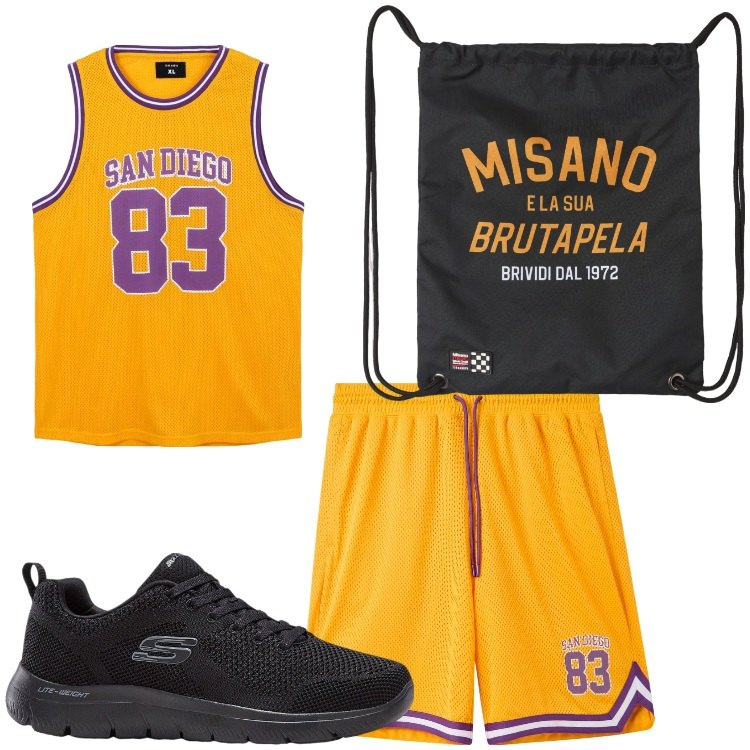 Outfit uomo - Basket boy. Stile Casual per Sport. Abbinamento con sneakers, borse sportive, pantaloncini sportivi, t-shirt sportive.
