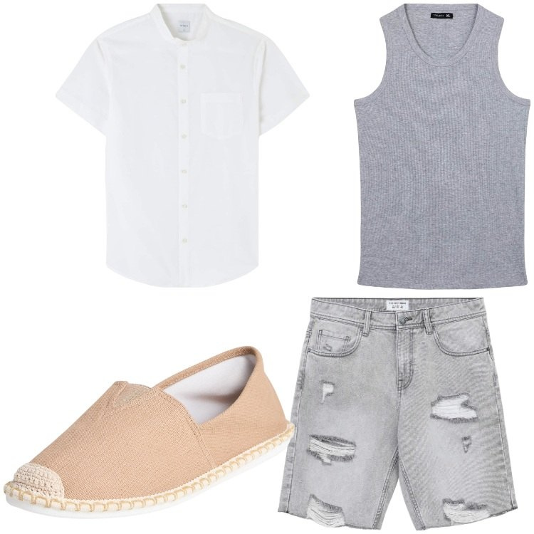 Outfit uomo - Chiaramente. Stile Casual per Tutti i giorni. Abbinamento con pantaloni corti, espadrillas, camicie a manica corta, canottiere.