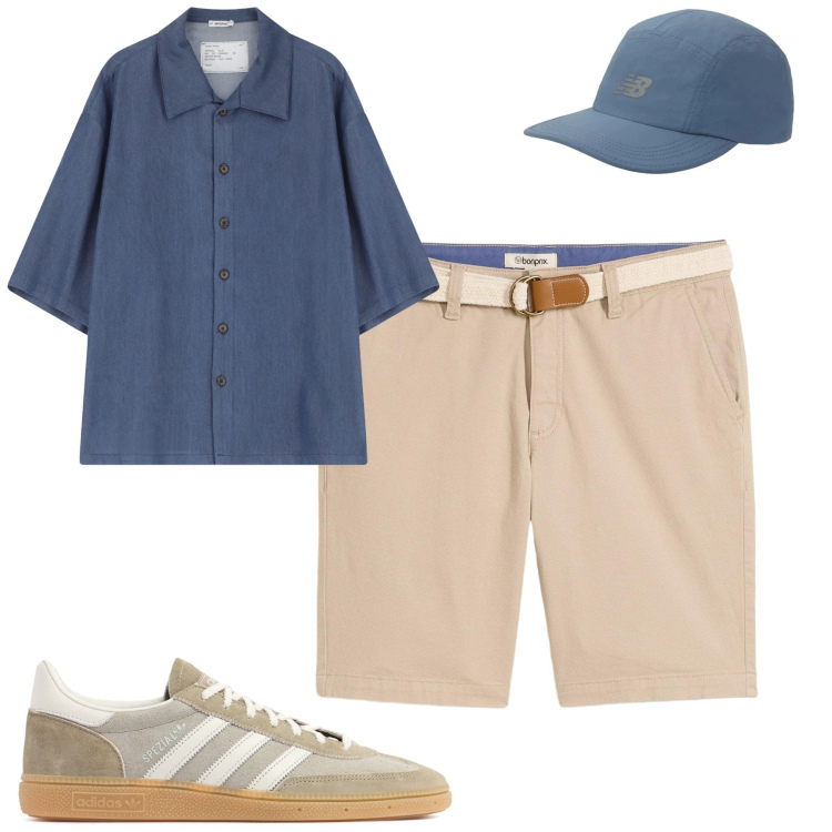 Outfit uomo - Total look #2213535. Stile Urban per Tutti i giorni. Abbinamento con bermuda, cappelli con visiera, camicie a manica corta, sneakers.