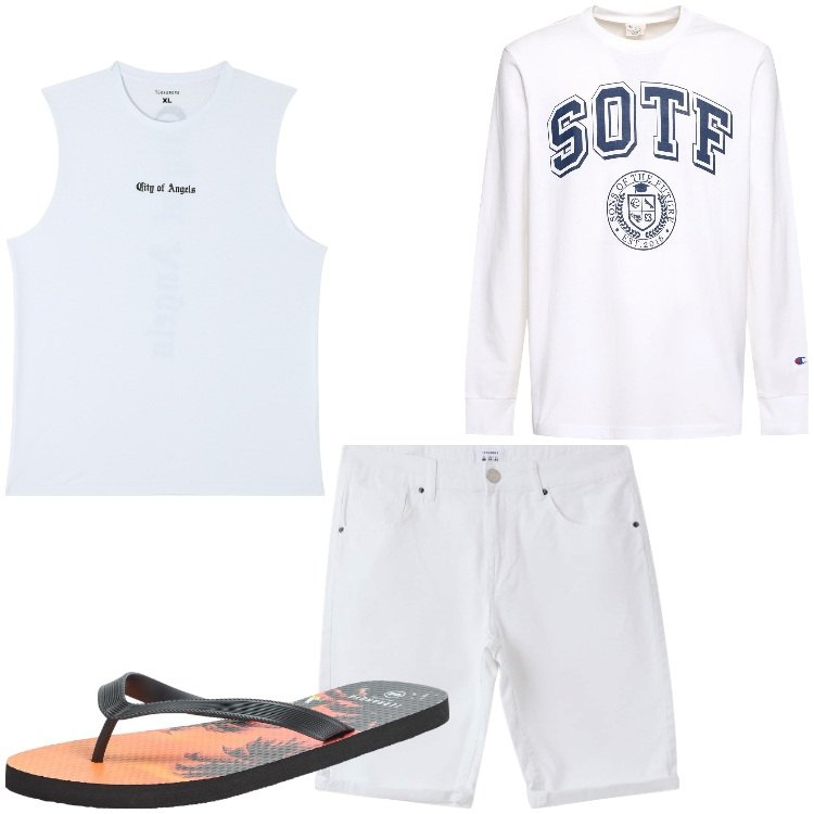 Outfit uomo - Bianco. Stile Casual per Tutti i giorni. Abbinamento con sandali, canottiere, bermuda, t-shirt.