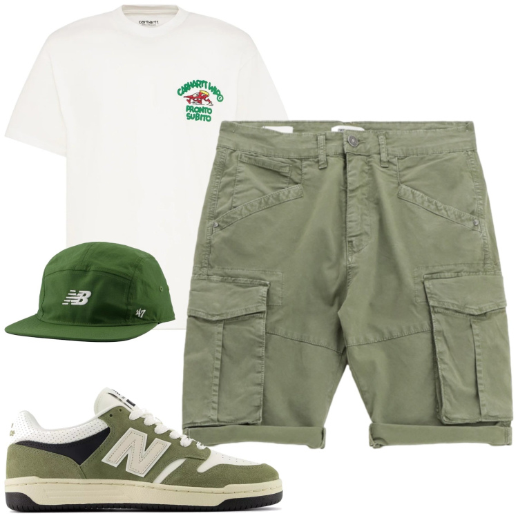 Outfit uomo - Total look #2213538. Stile Casual per Tutti i giorni. Abbinamento con sneakers, cappelli con visiera, bermuda, t-shirt.