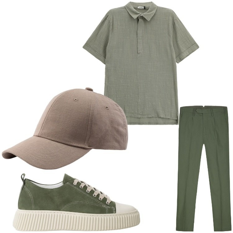 Outfit uomo - Verde. Stile Casual per Tutti i giorni. Abbinamento con sneakers, polo, pantaloni, cappelli con visiera.