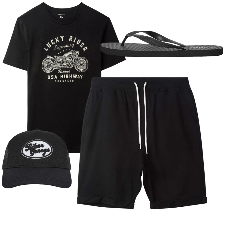 Outfit uomo - Total look #2213543. Stile Casual per Tutti i giorni. Abbinamento con cappelli, t-shirt, pantaloni corti, sandali.