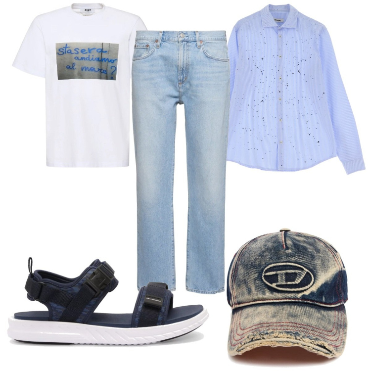 Outfit uomo - Total look #2213548. Stile Trendy per Tutti i giorni. Abbinamento con sandali, camicie, t-shirt, jeans, cappelli.