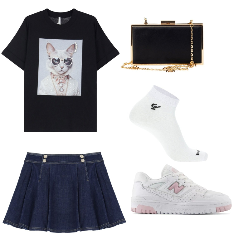 Outfit donna - Sempre cool. Stile Sporty chic Abbinamento con sneakers, pochette, minigonne, t-shirt, calzini.