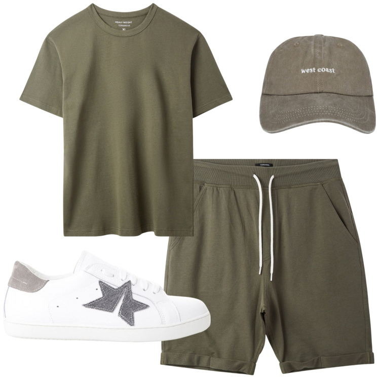 Outfit uomo - Total look #2213556. Stile Casual per Tutti i giorni. Abbinamento con cappelli, t-shirt, pantaloni corti, sneakers.
