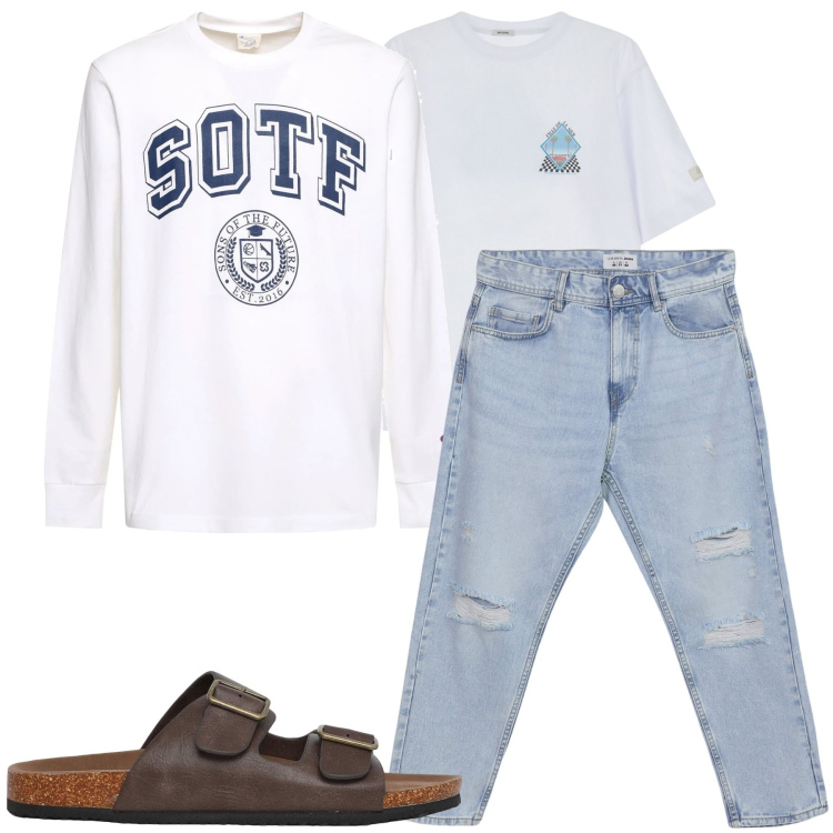 Outfit uomo - Total look #2213560. Stile Casual per Tutti i giorni. Abbinamento con jeans strappati, sandali, t-shirt, t-shirt.