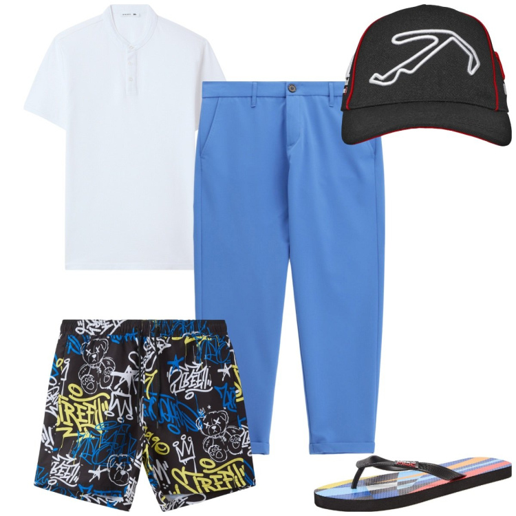 Outfit uomo - Total look #2213561. Stile Trendy per Mare. Abbinamento con sandali, t-shirt, costumi, cappelli, pantaloni.